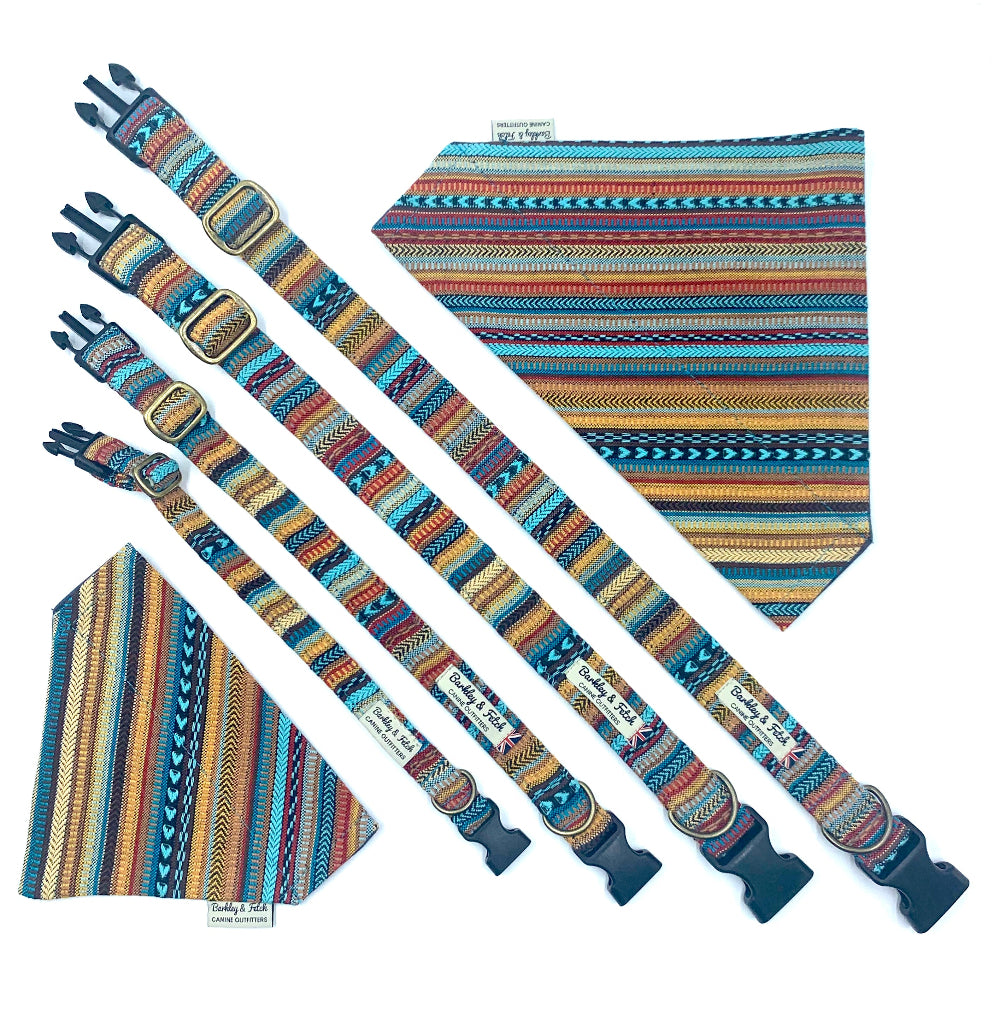Colorful striped dog collar, leash, and bandana set on a white background