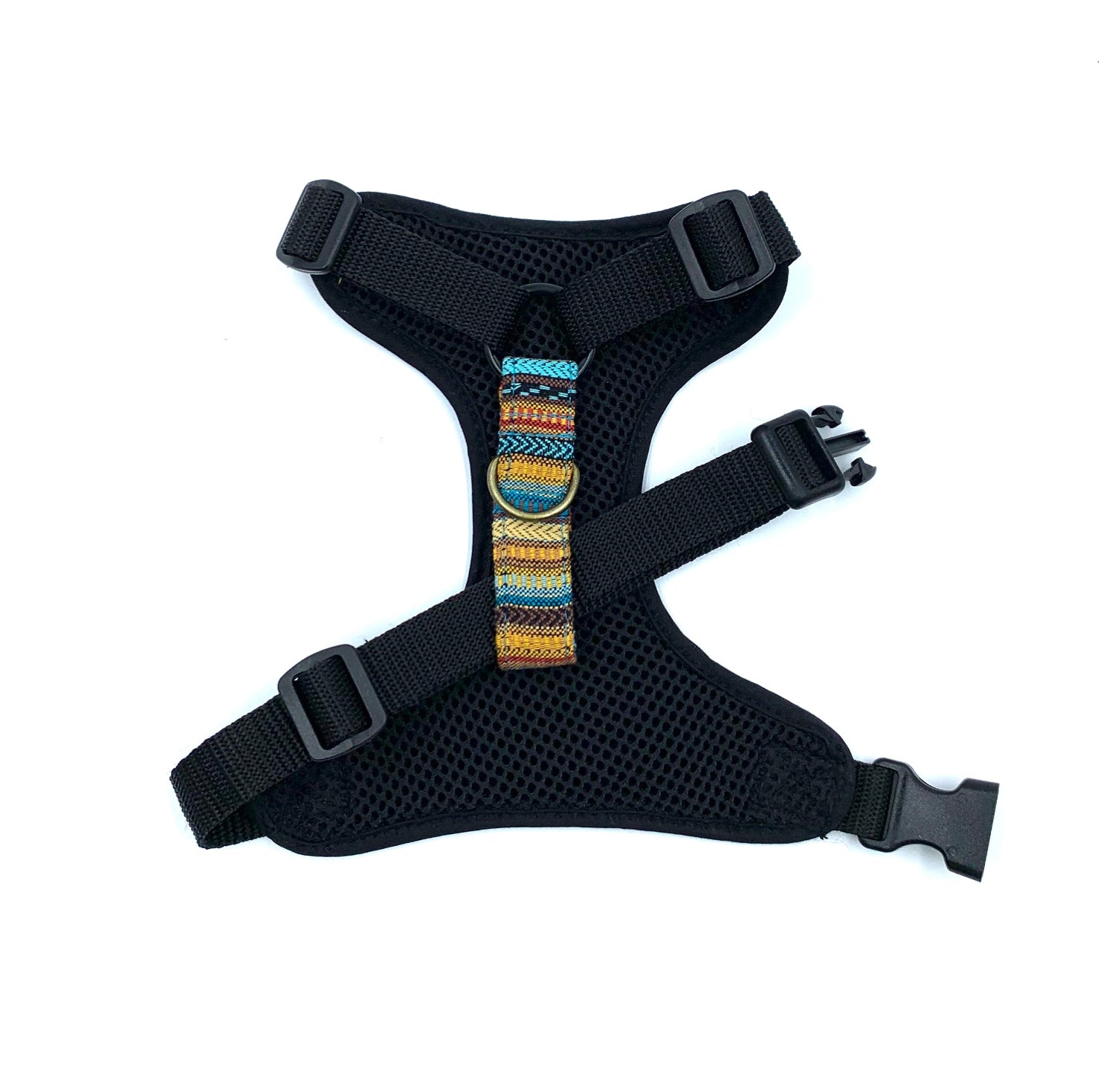 Black dog harness with colorful strap on a white background