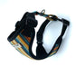 Dog harness with colorful pattern and black straps on a white background