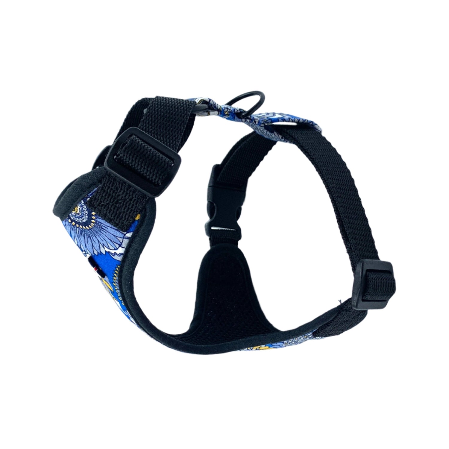 Dog harness with blue and white pattern on a white background