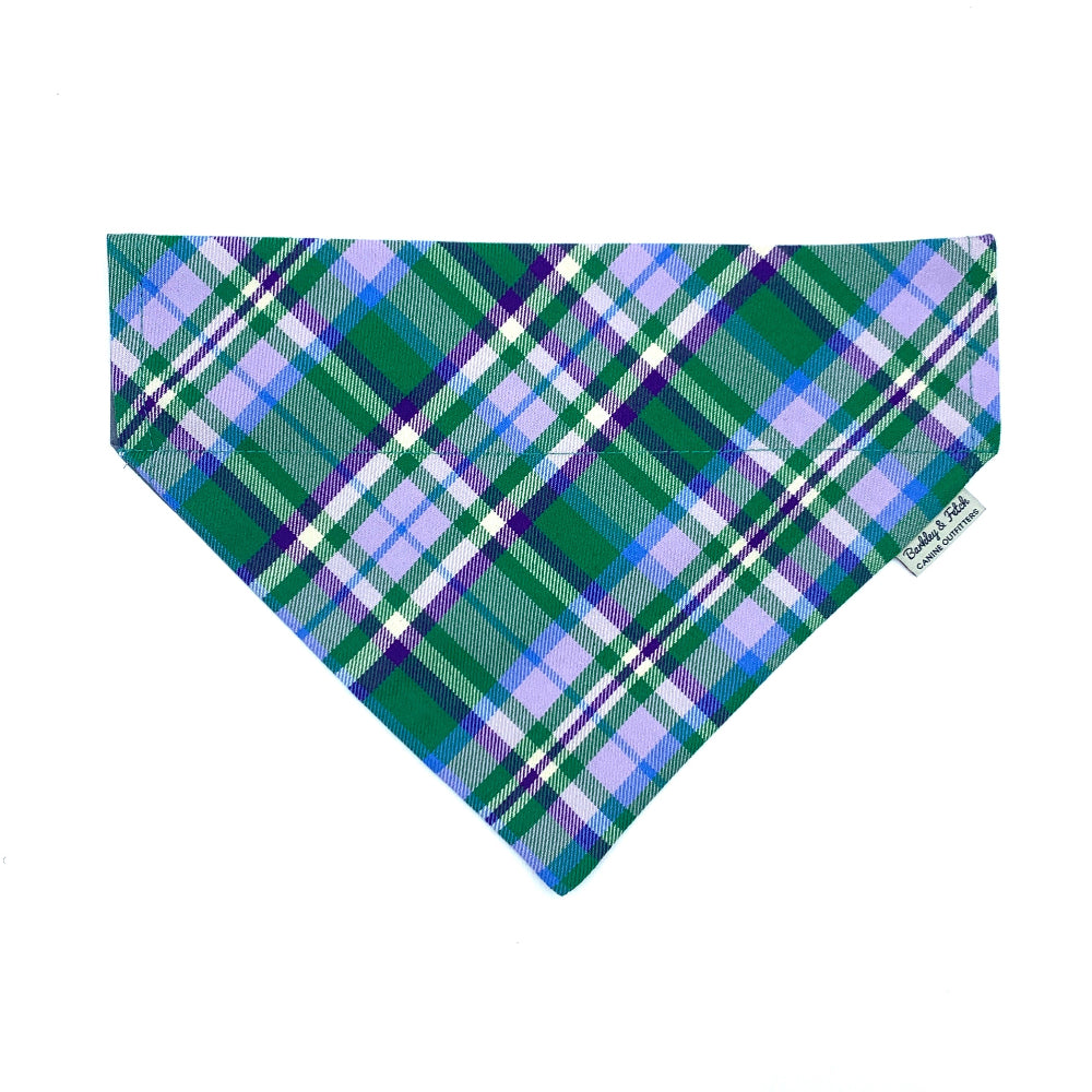 A green and purple checkered fabric dog bandana.
