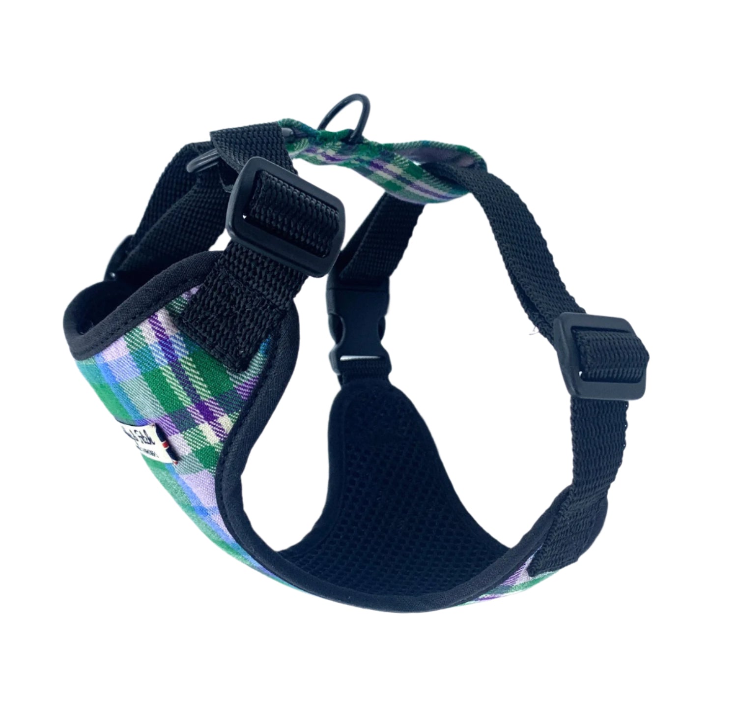 Plaid dog harness on a white background