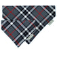 Plaid patterned bandana with brand name on a white background