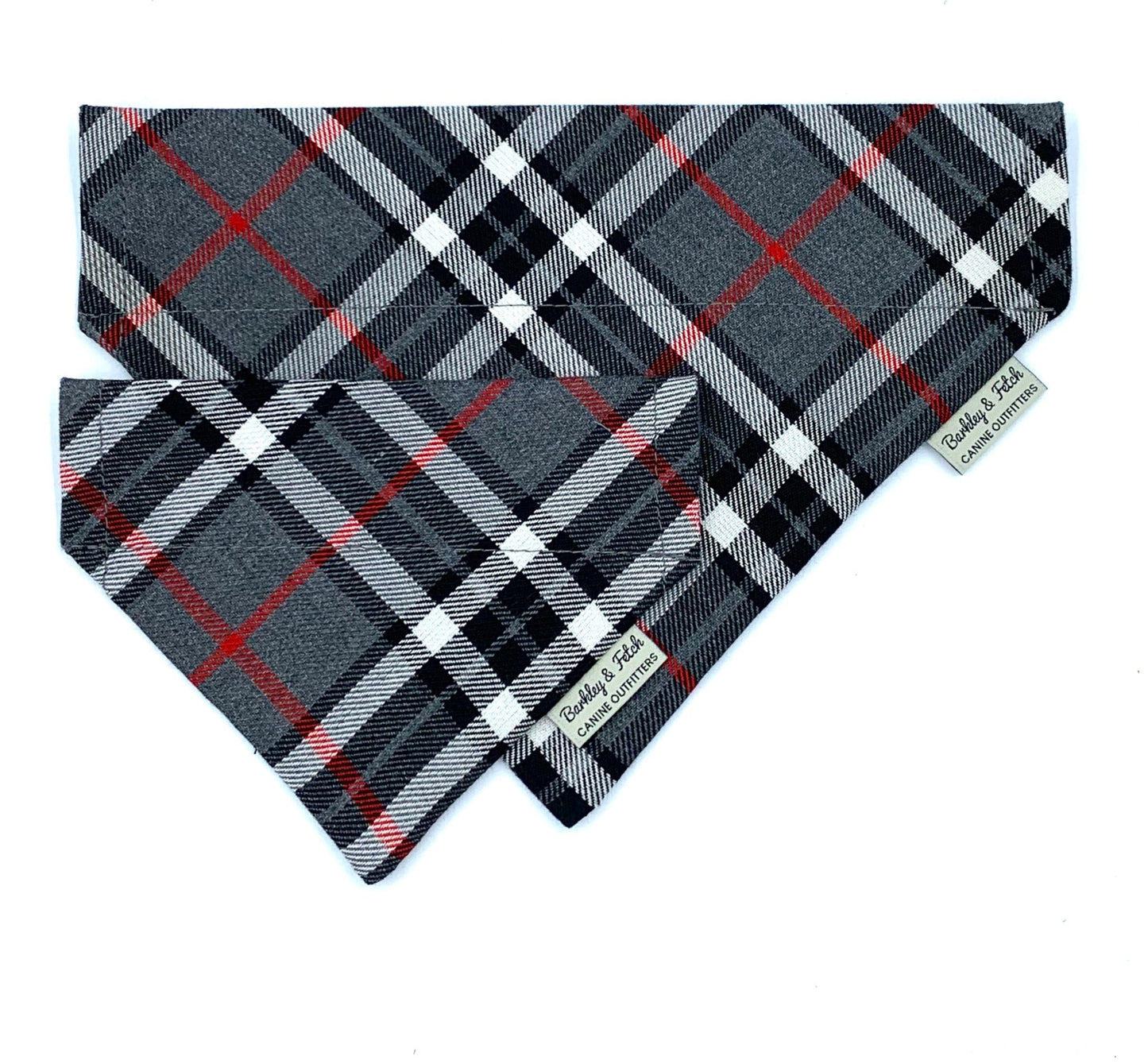 Plaid patterned bandana with brand name on a white background