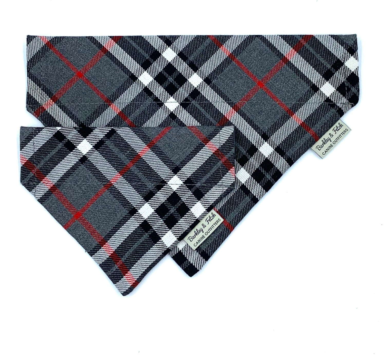 Plaid patterned bandana with brand name on a white background