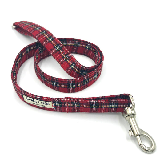 BARKLEY AND FETCH Handmade red tartan dog lead with silver trigger hook