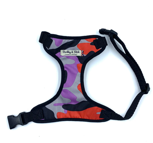 Adjustable dog harness with lavender and red camo pattern, including a label at the bottom that says 'Barkley and Fetch'.