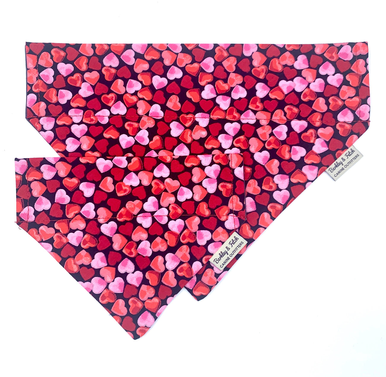 Heart-patterned bandana with a visible brand label on a white background