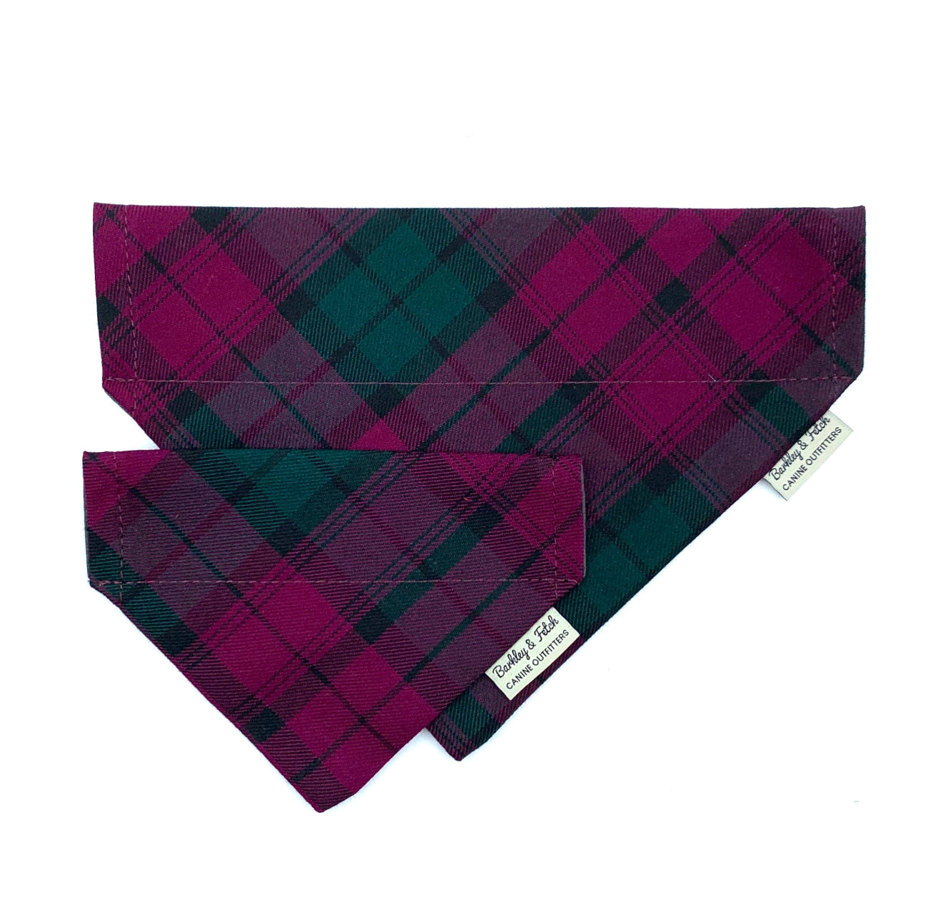 Plaid dog bandana with brand label on a white background