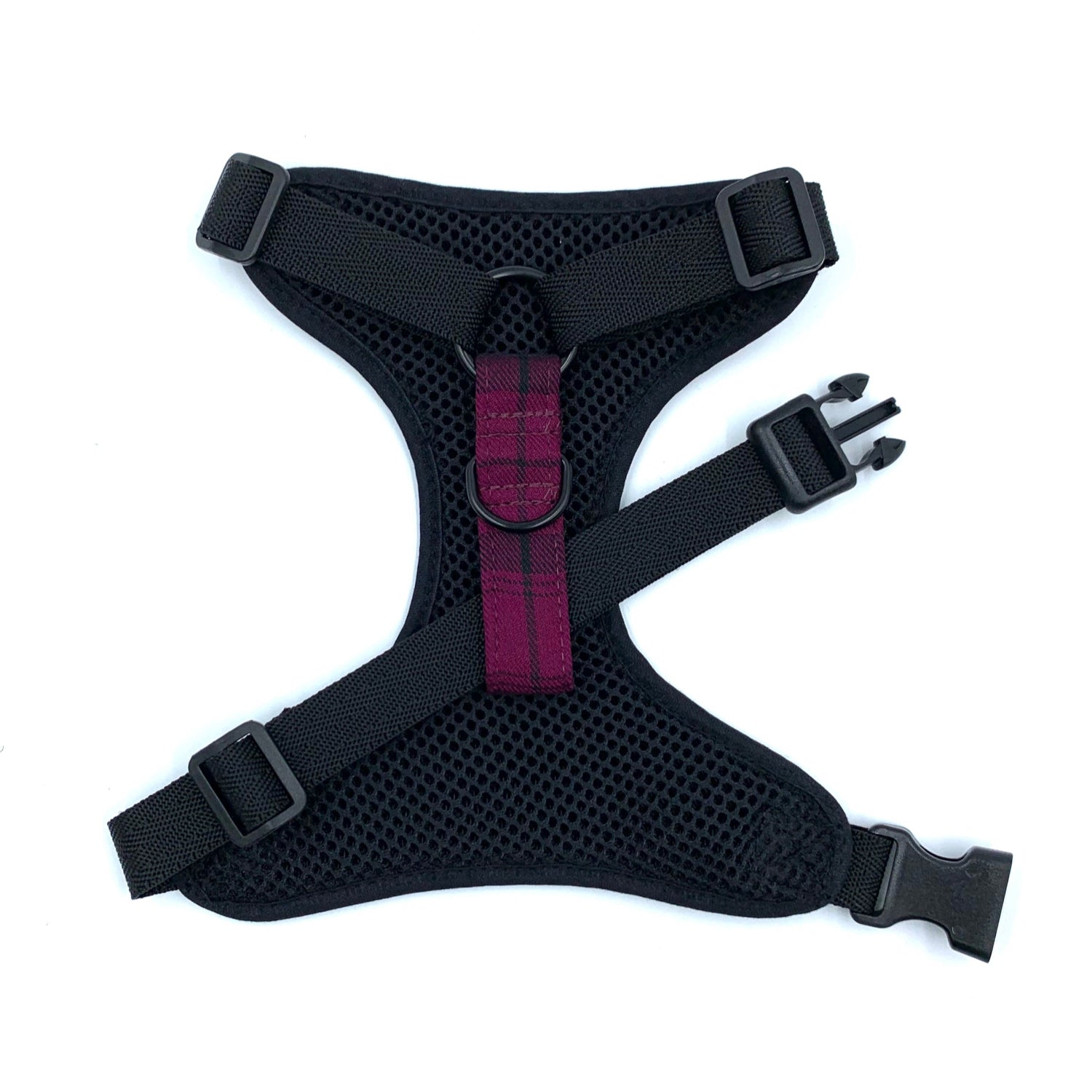 Black dog harness with a red buckle on a white background
