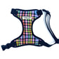 A dog harness with a pastel rainbow check pattern, featuring adjustable straps and a metal d-ring.