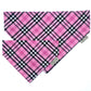 Pink plaid dog bandana with a brand label on a white background