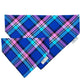 Blue and purple plaid bandana with a brand label on a white background