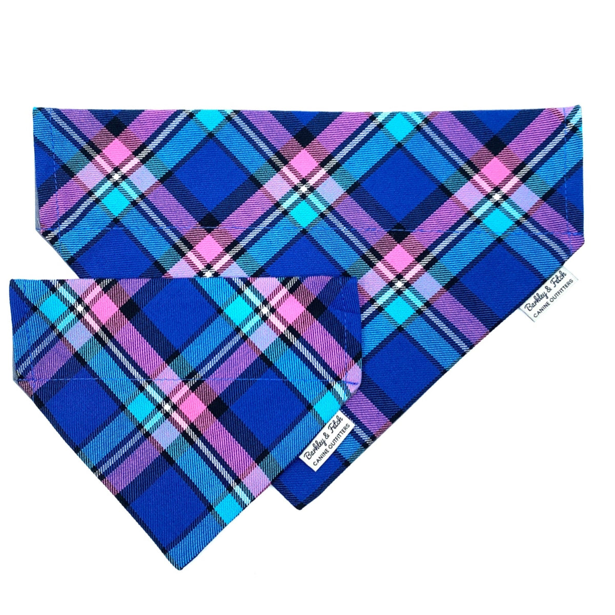 Blue and purple plaid bandana with a brand label on a white background