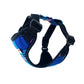 Blue and black dog harness on a white background