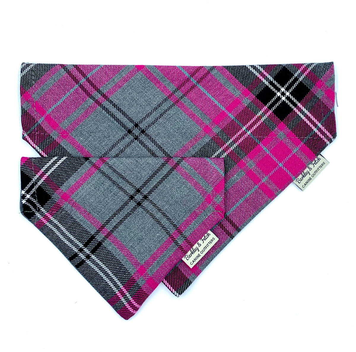 Plaid bandana with pink and gray pattern on a white background