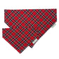 Red plaid bandana with a brand label on a white background