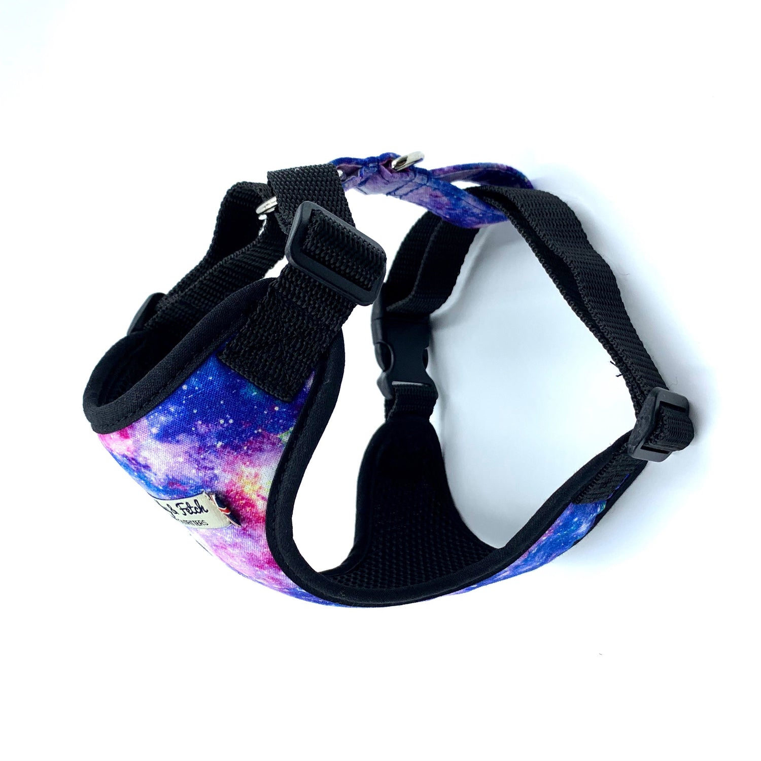 Dog harness with galaxy pattern on a white background