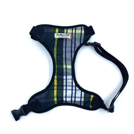 A weatherproof tartan fabric dog harness with a side release buckle and webbing, featuring a plaid pattern.