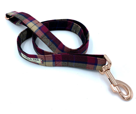 handmade Wine tartan dog lead with rose gold hardware