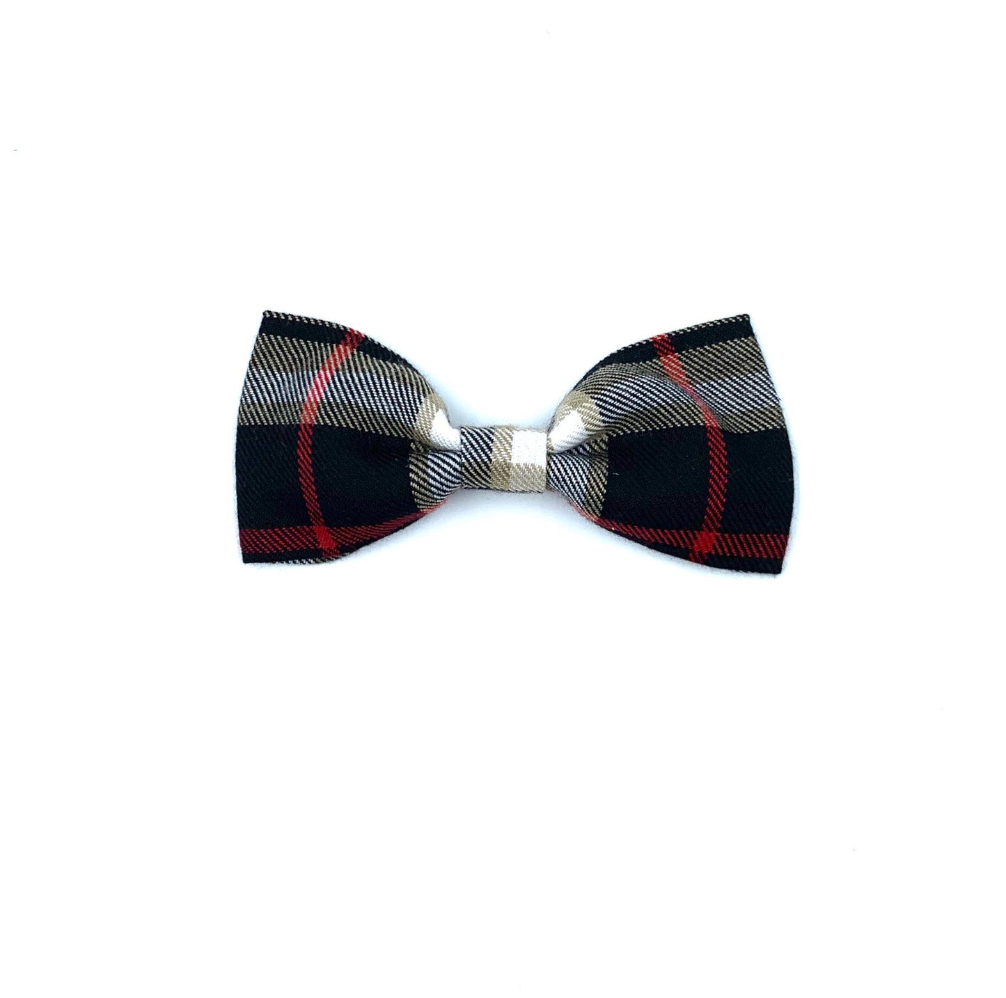 A black, beige, and red tartan check dog bowtie on a white background.