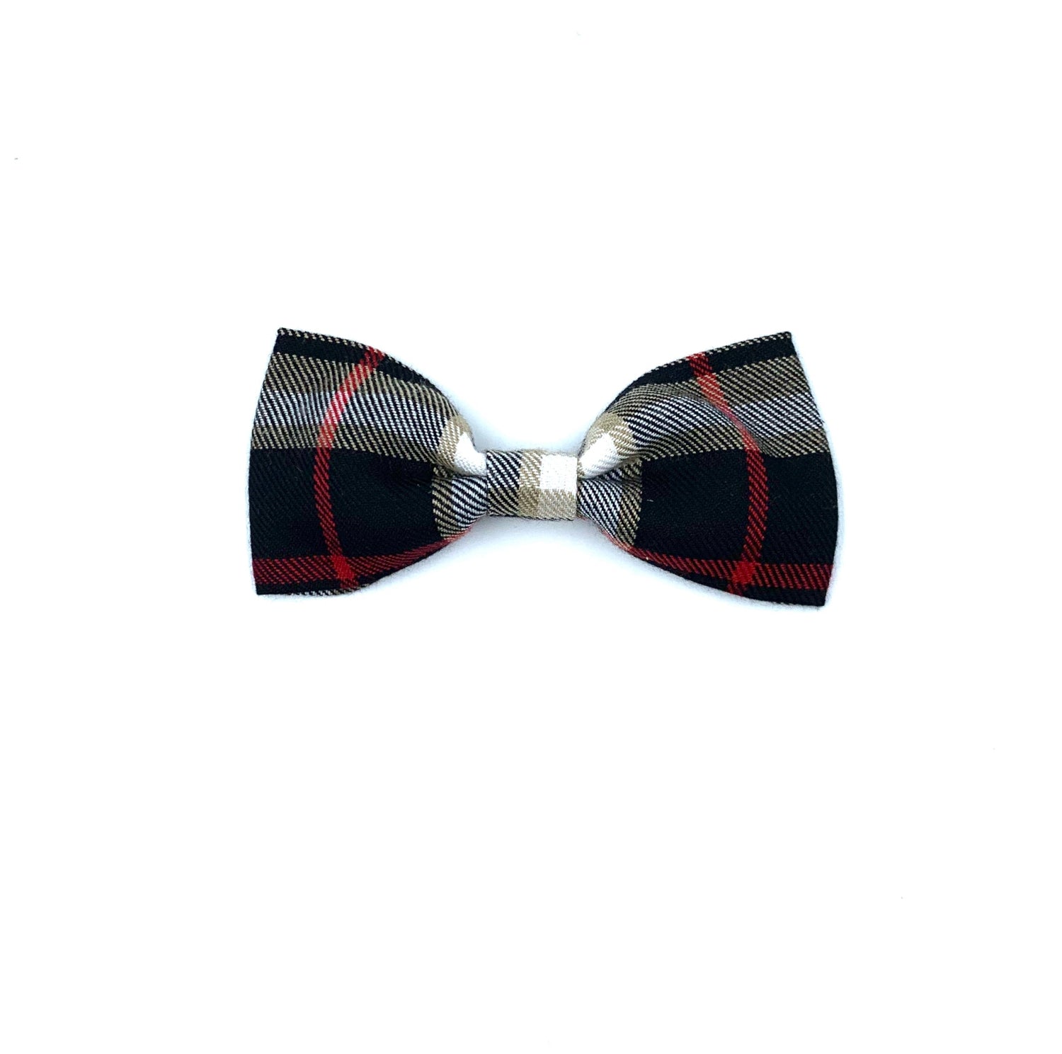 A black, beige, and red tartan check dog bowtie on a white background.