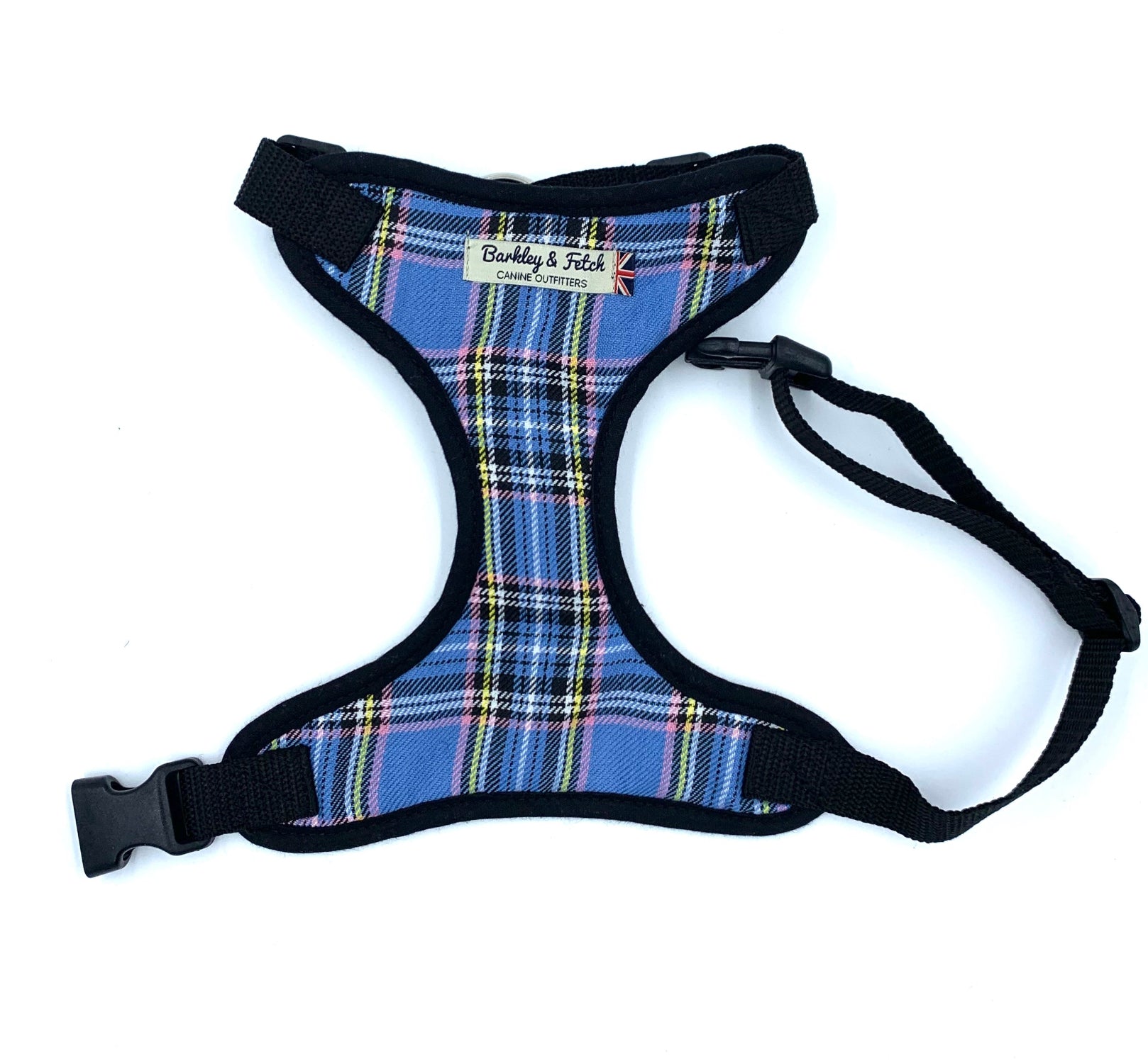 A blue tartan dog harness with adjustable straps and a side release buckle.