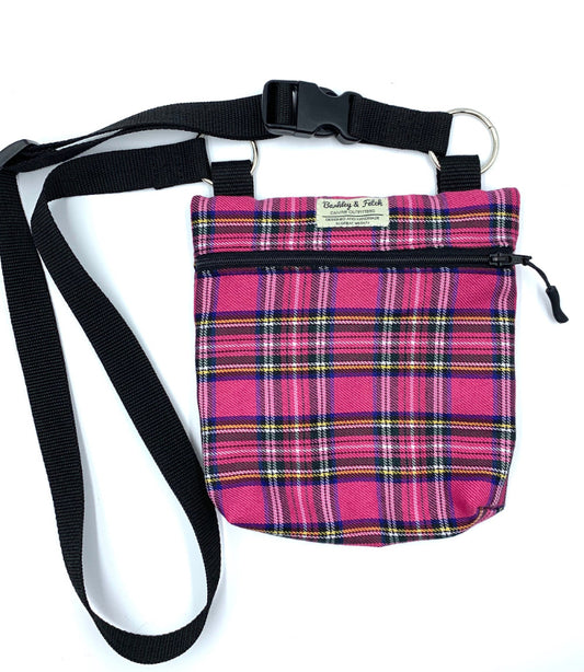 pink tartan dog walking bag with black strap and zip on a white background. Handmade in the Uk by Barkley and Fetch