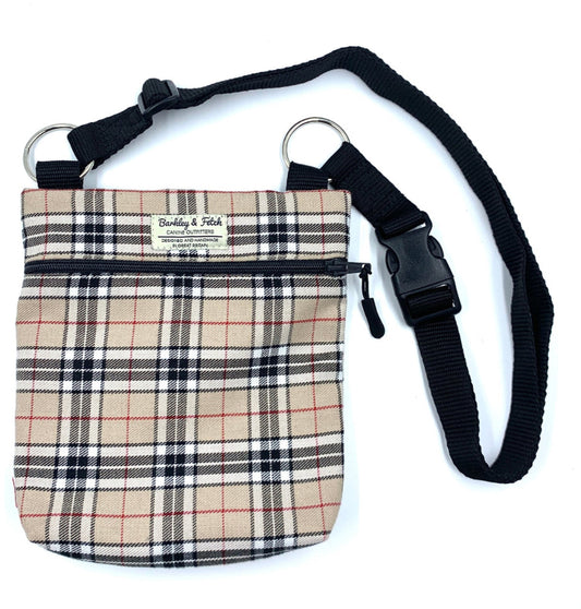 Plaid pouch with black strap on a white background Handmade in the Uk by Barkley and Fetch