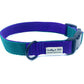 handmade emerald and purple colour block dog collar on a white background