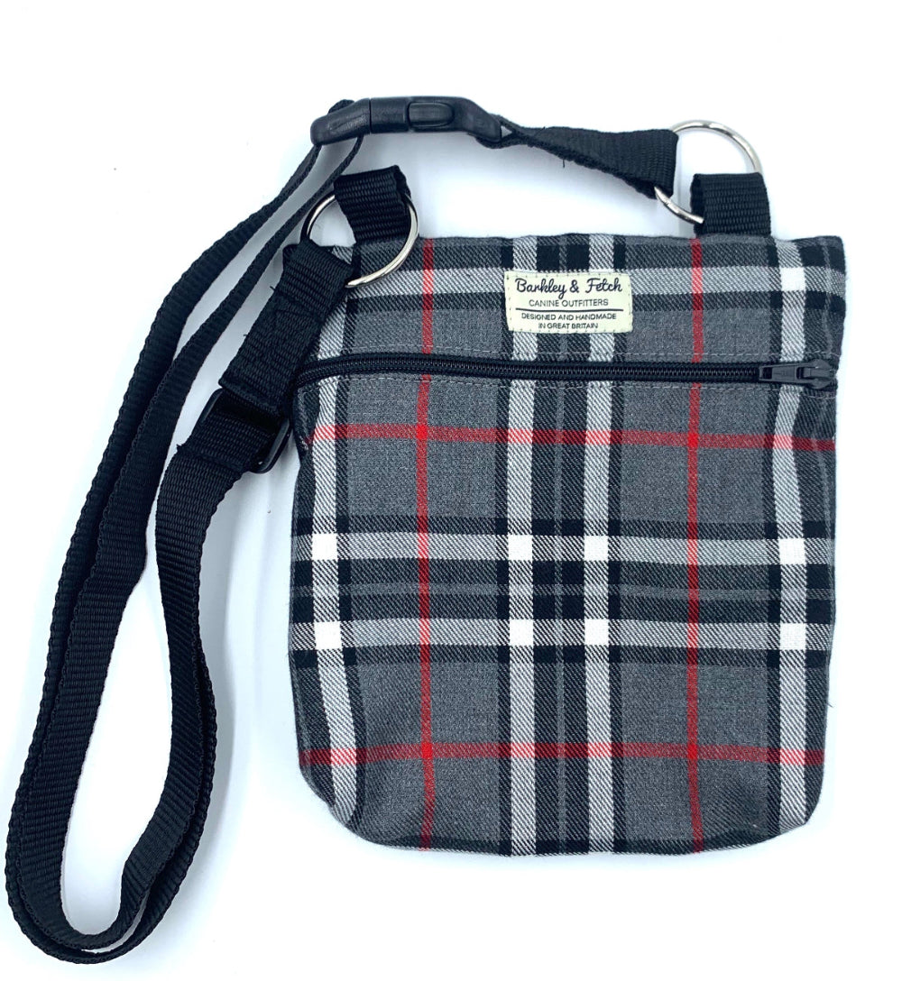 Plaid bag with a strap on a white background handmade by Barkley and fetch uk