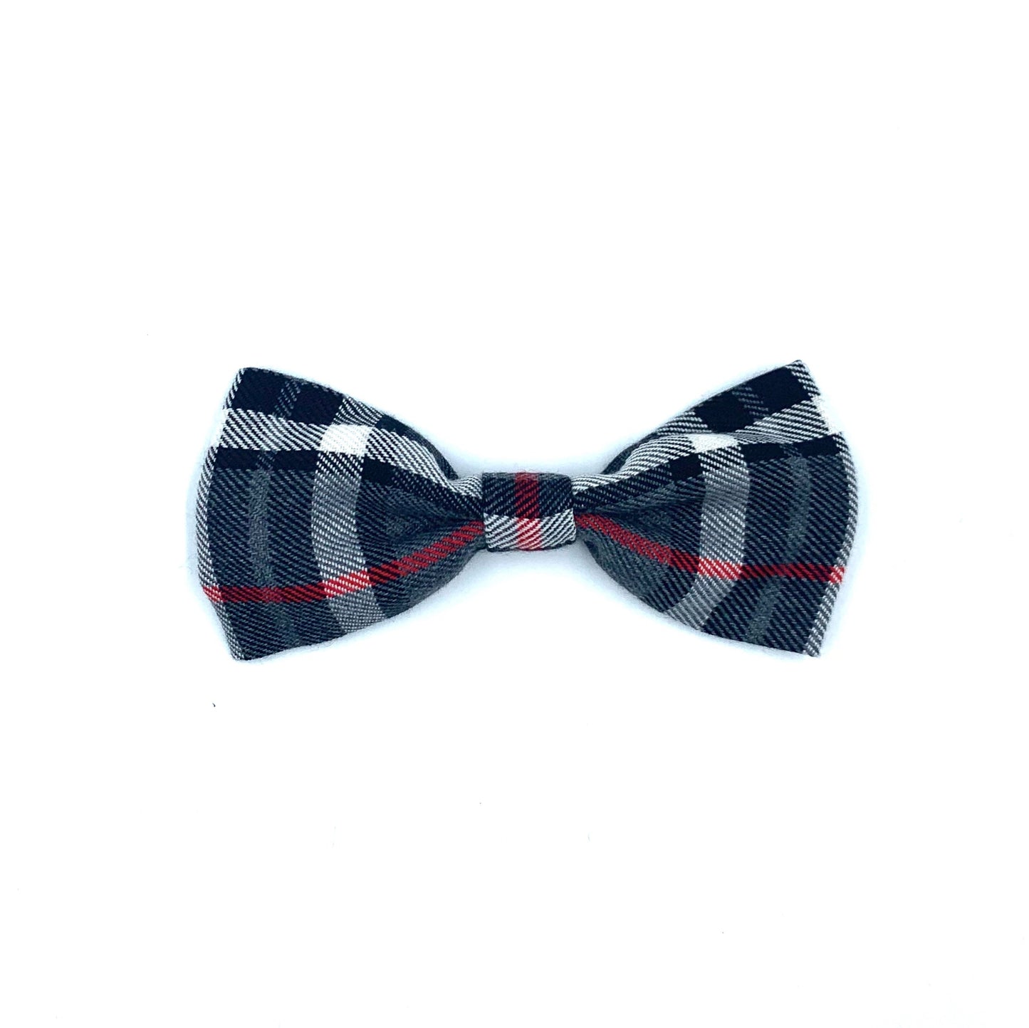 A grey and white tartan pattern dog bow tie.