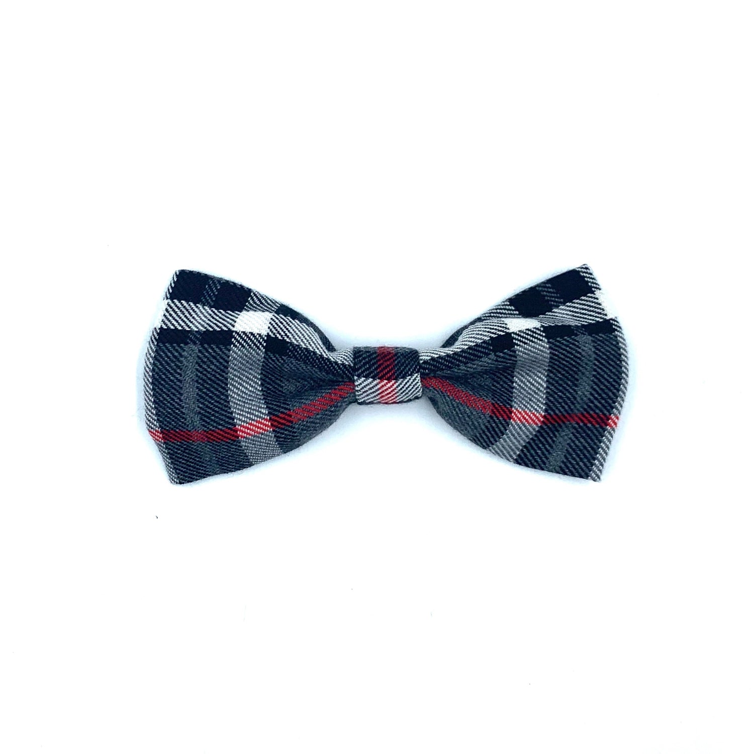 A grey and white tartan pattern dog bow tie.