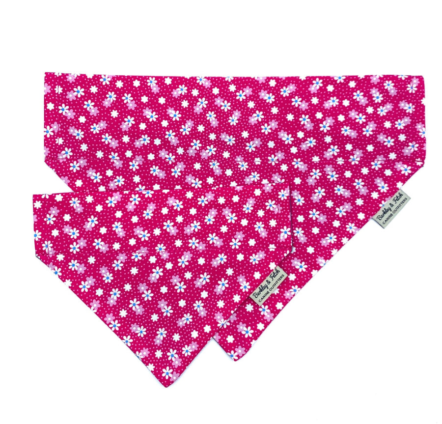 hot_pink_floral_dog_bandanas_both_sizes on a white background handmade by Barkley And Fetch