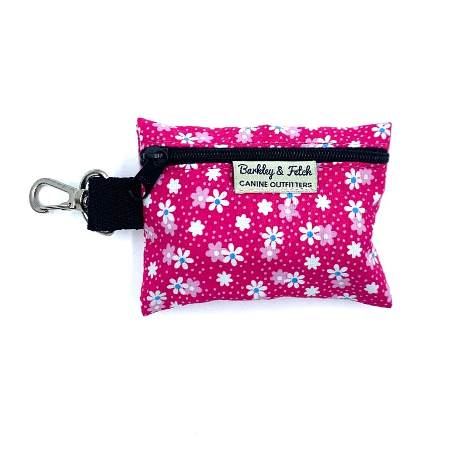Pink floral pouch with a black zipper and 'Barkley & Fetch' label on a white background