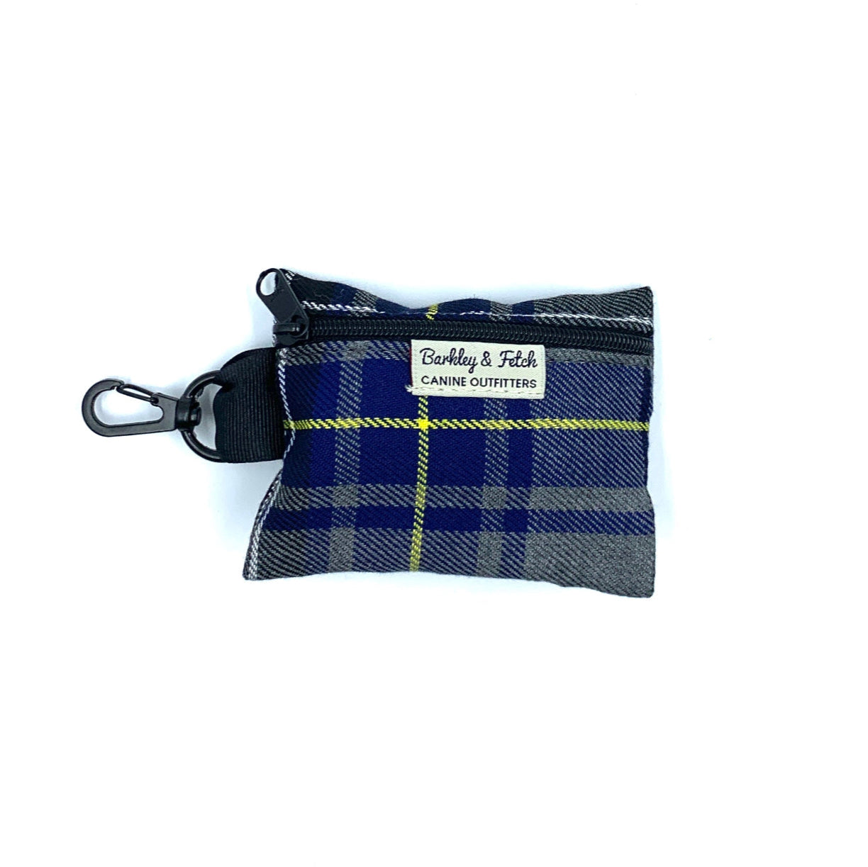 A Navy/Grey Tartan poo bag holder with a clip and zipper, displaying a checkered pattern.