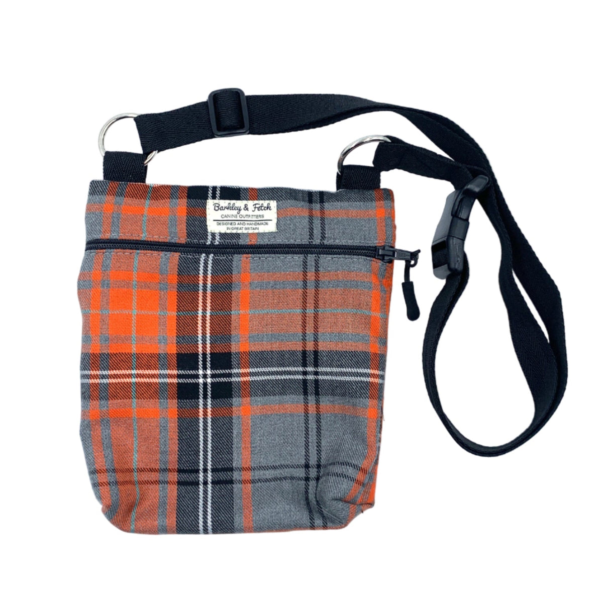 Plaid bag with black strap on a white background handmade by Barkley and Fetch UK