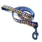 A pastel rainbow check dog leash with a metal trigger hook and a D-ring on the handle.