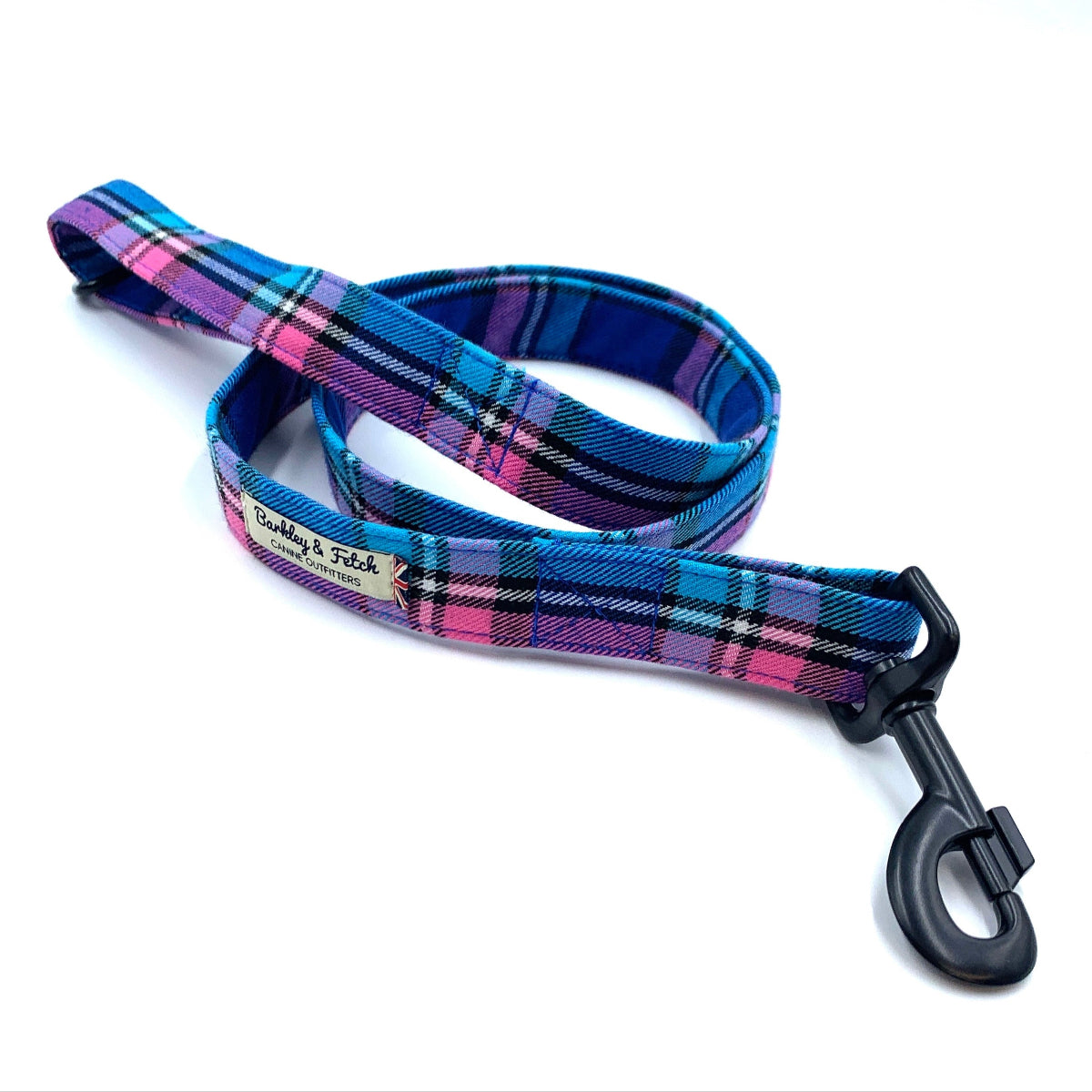 A pink and blue check dog lead with a heavy duty metal trigger hook and a D-ring on the handle.