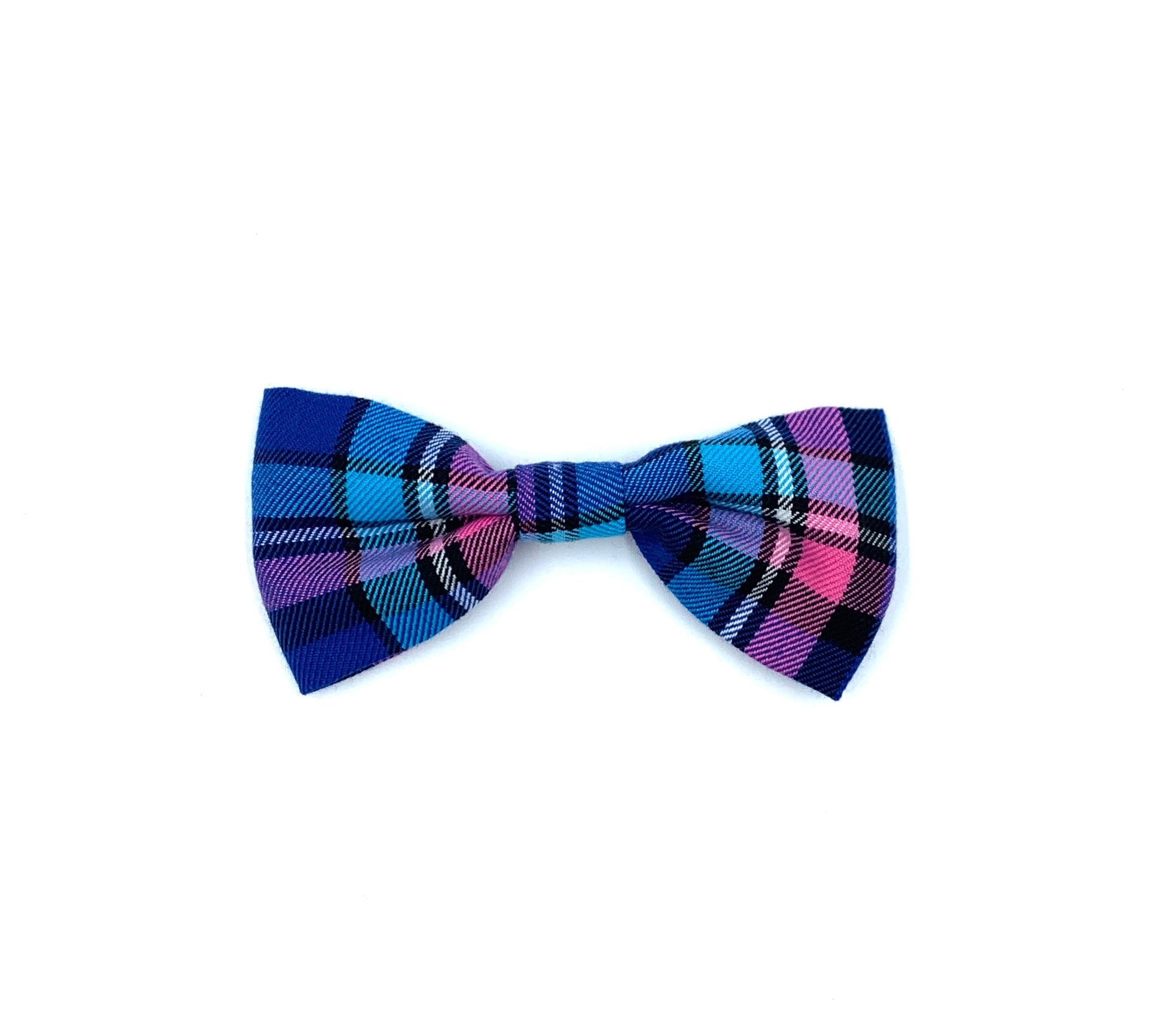 A pink and blue check dog bowtie on a white background.