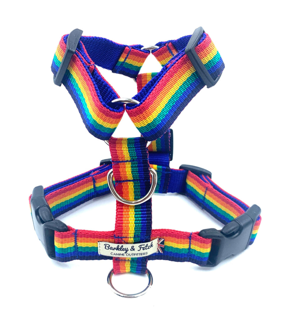 rainbow webbing dog harness handmade by Barkley And Fetch on a white background