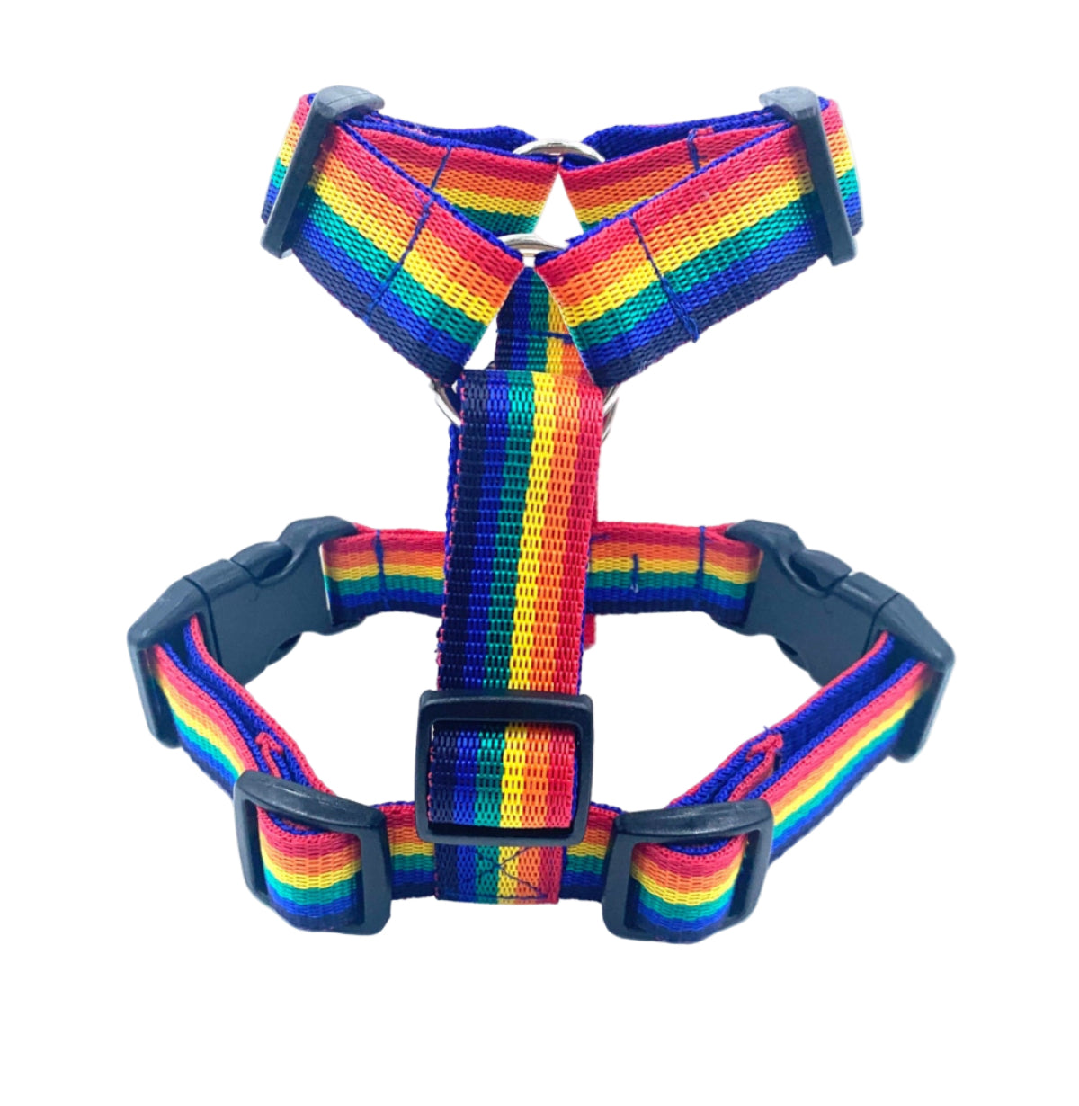 Rainbow striped dog harness on a white background handmade by Barkley and Fetch UK