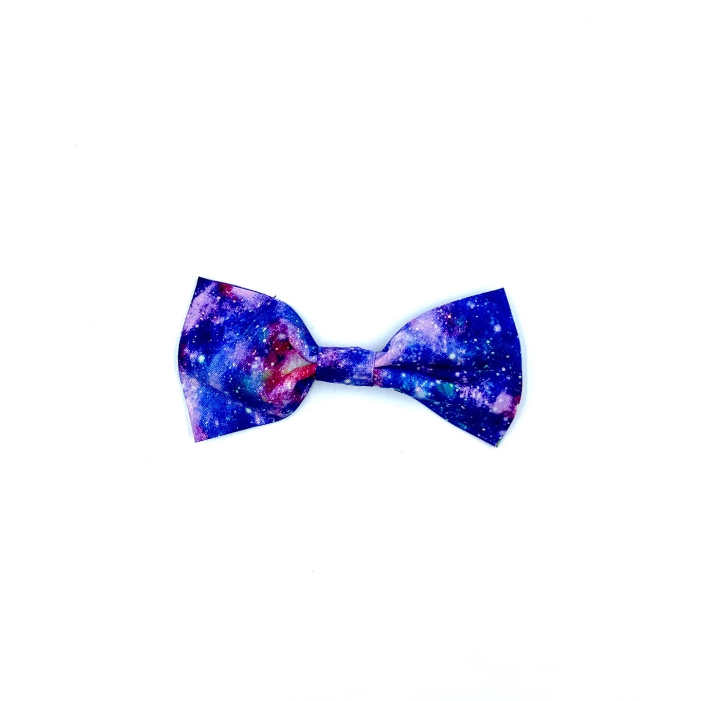 A dog bowtie with a space odyssey print, featuring a black background with stars and planets.
