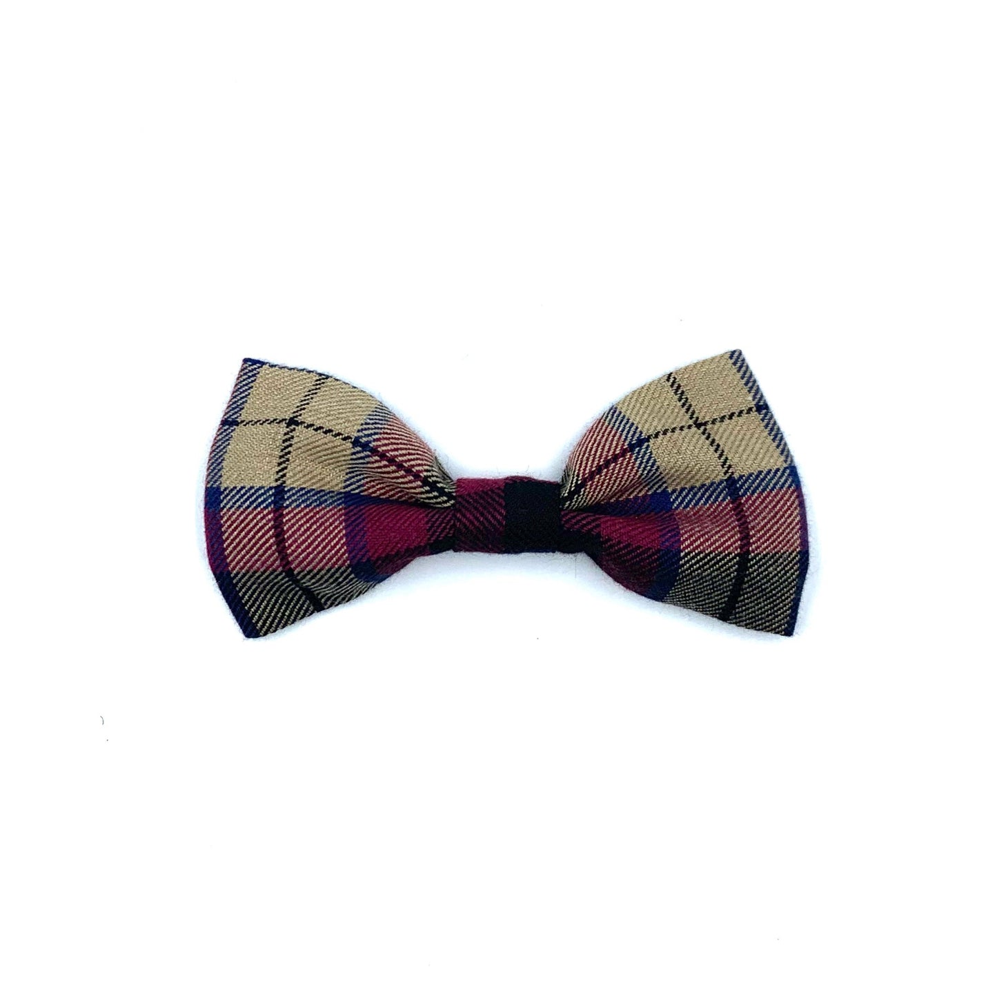 A wine tartan dog bow tie with red, blue, and beige colors, displayed on a white background.
