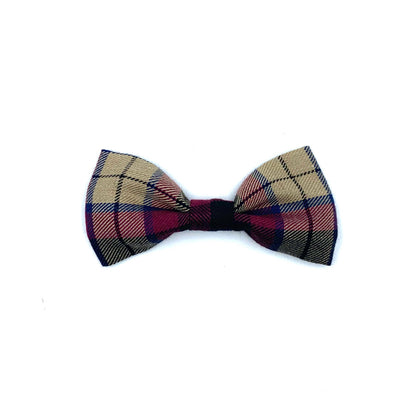 A wine tartan dog bow tie with red, blue, and beige colors, displayed on a white background.